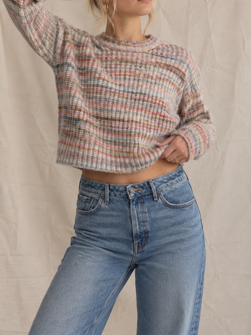 Chunky Pastel Waffle Knit Wool Blend Cropped Sweater Medium